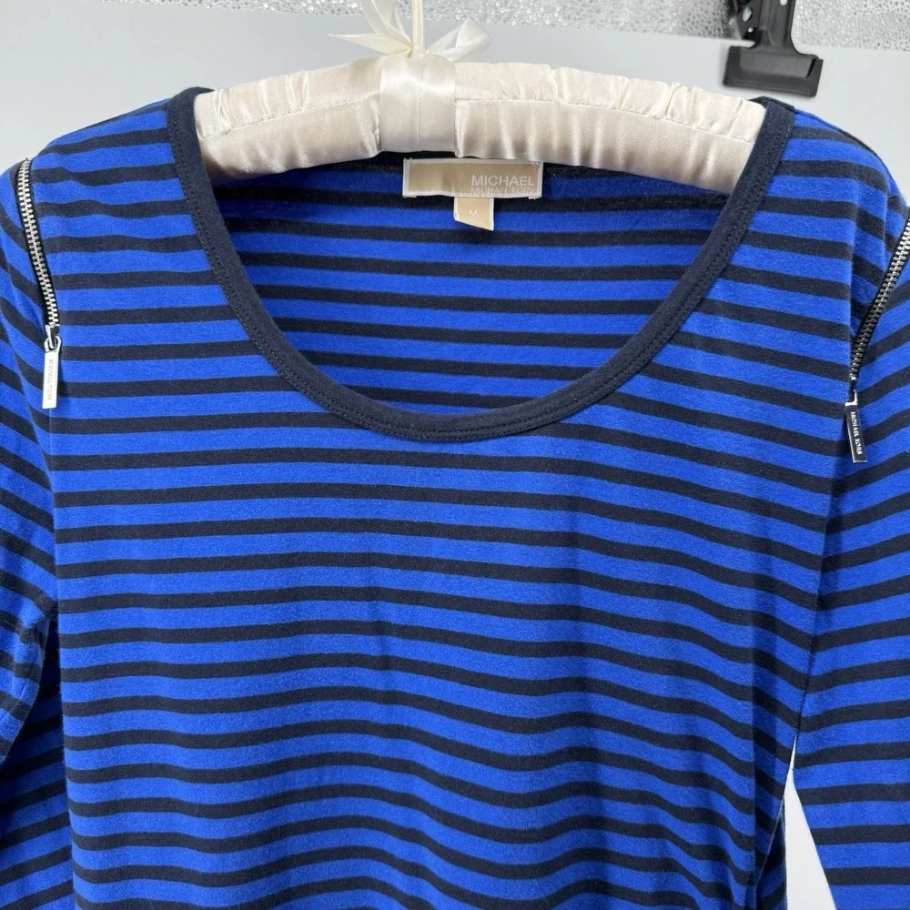 Michael Kors Striped Top Blue Black Zip Shoulder Stretch Slim Rouched Sides Med